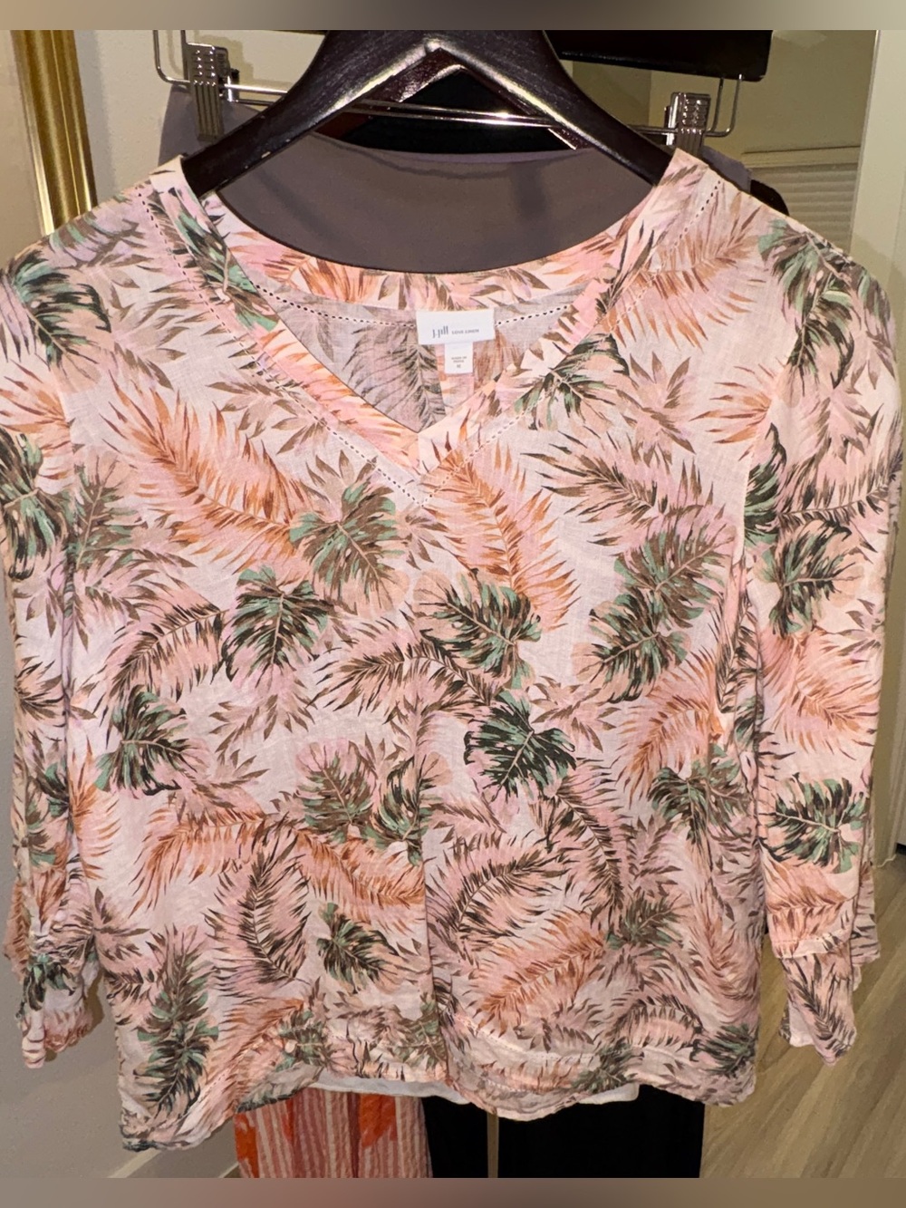 J Jill Tropical V Neck 3/4 Flutter Sleeve 100% Linen Top Sz Medium